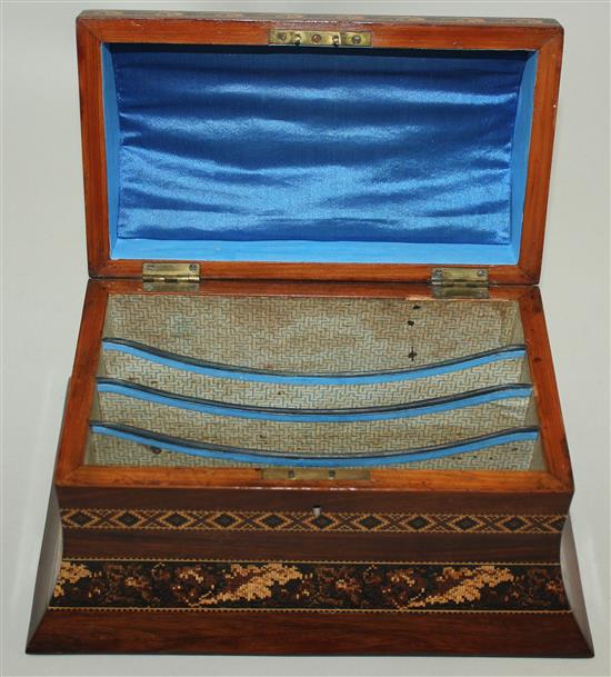 A Victorian rosewood and Tunbridge ware dome top stationery box, 10in.